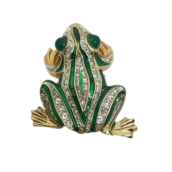 CAROLEE VINTAGE 1980s RARE GOLDTONE, GREEN ENAMEL & RHINESTONE FROG PIN - Picture 1 of 5
